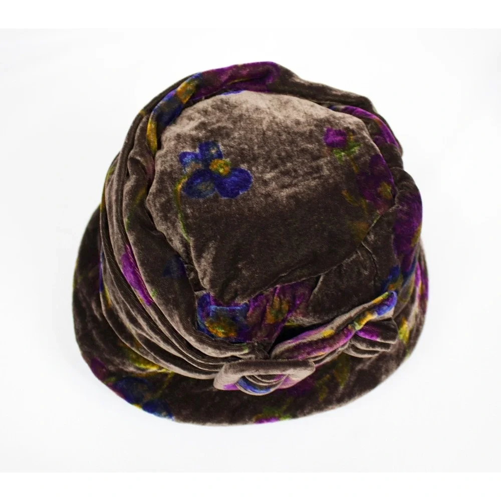 Vintage Liz Claiborne Brown Floral Velvet Bucket Hat w Bow OS Grannycore‎